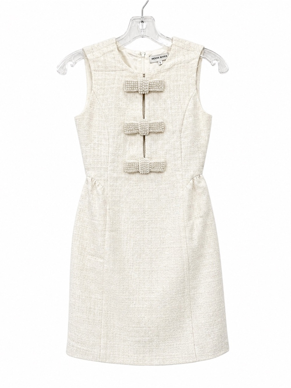 Moon River Cream Tweed Sleeveless Dress with Pearl Bow Accents